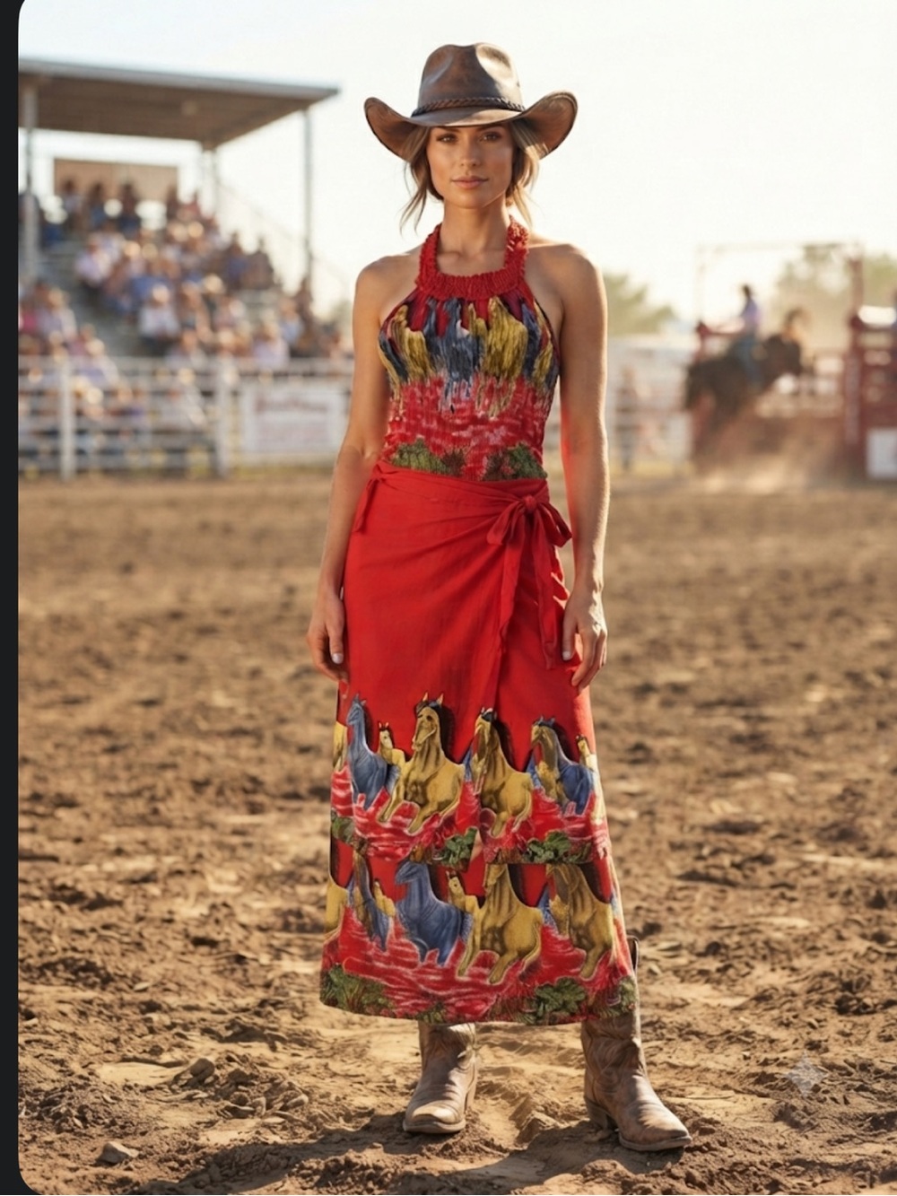 Bindya Red Horse Print Smocked Halter Top Wrap Skirt Set S/M